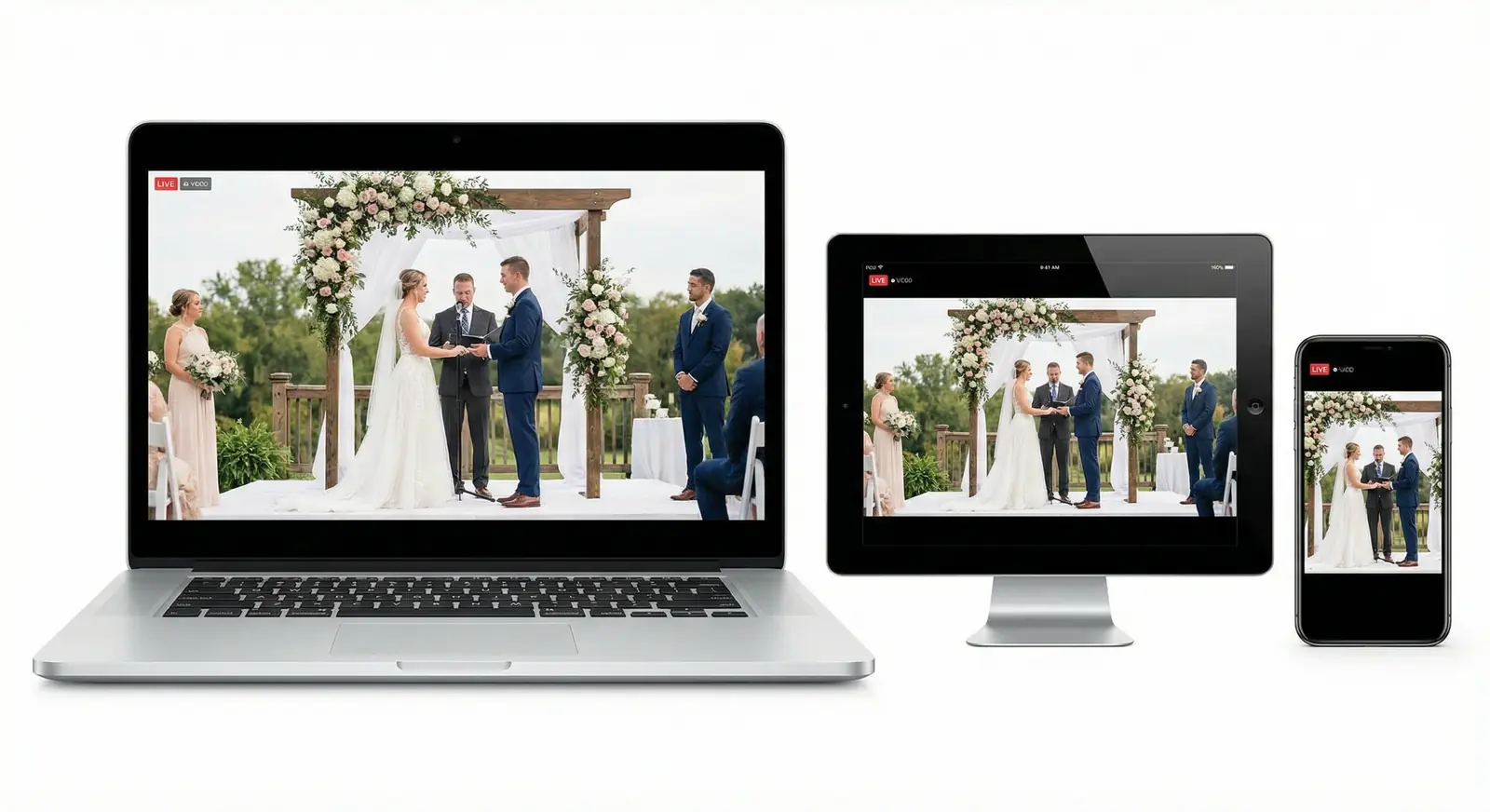 A laptop, tablet, and smartphone all showing the same wedding ceremony live stream