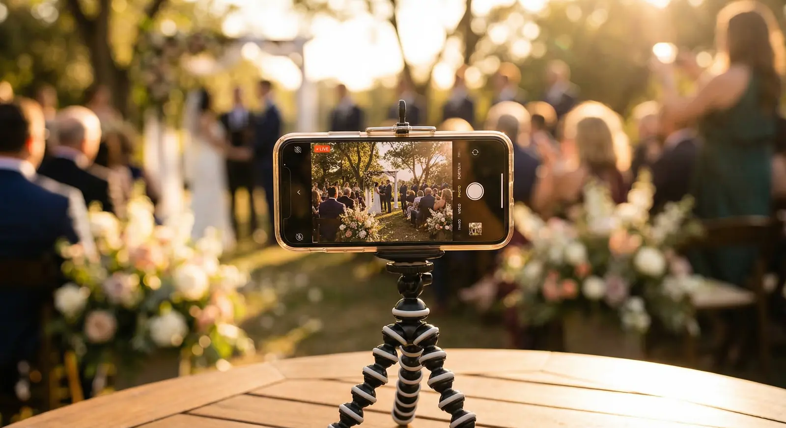 Smartphone in landscape orientation on a tripod live streaming a wedding ceremony using the E-There app