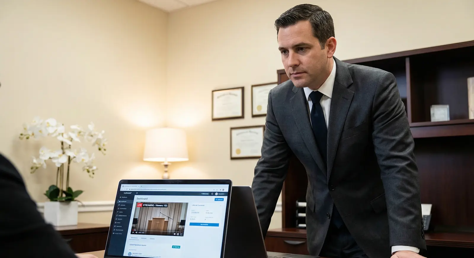 A funeral director in a dark suit managing a live streaming dashboard on a laptop in his office