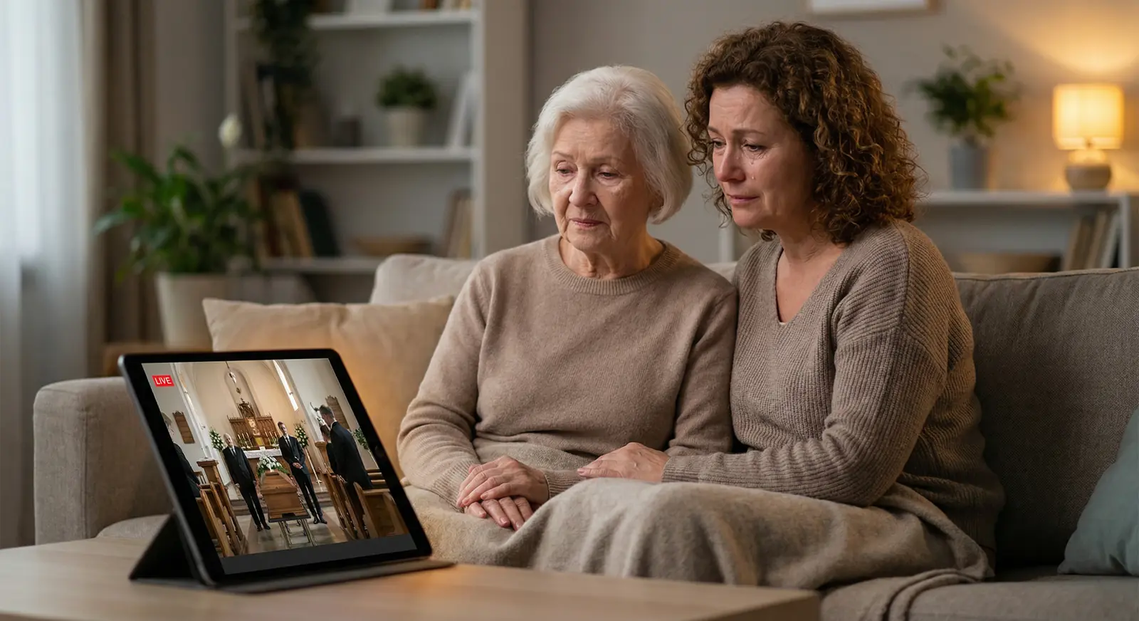 Family watching a funeral live stream together