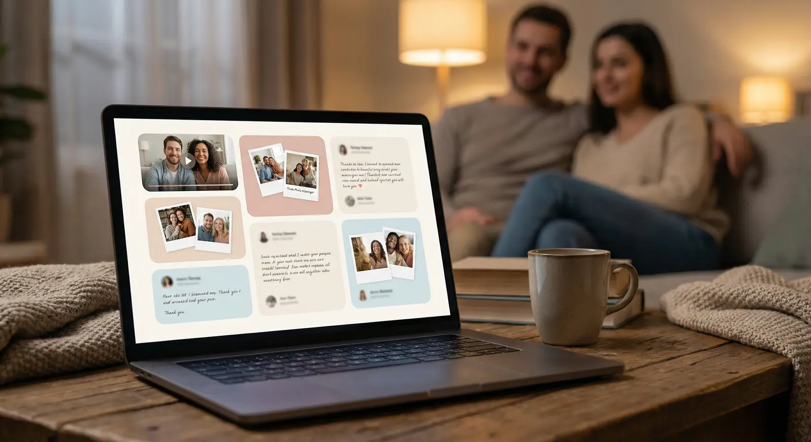 A couple relaxing on a sofa browsing their digital guestbook gallery on a laptop, showing video messages, photos, and written messages from wedding guests