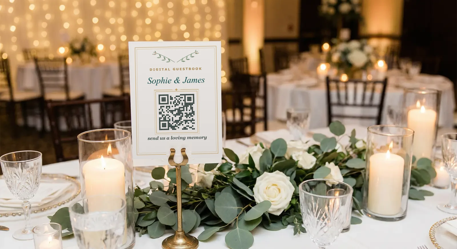 A designed Digital Guestbook QR card on a candlelit wedding table