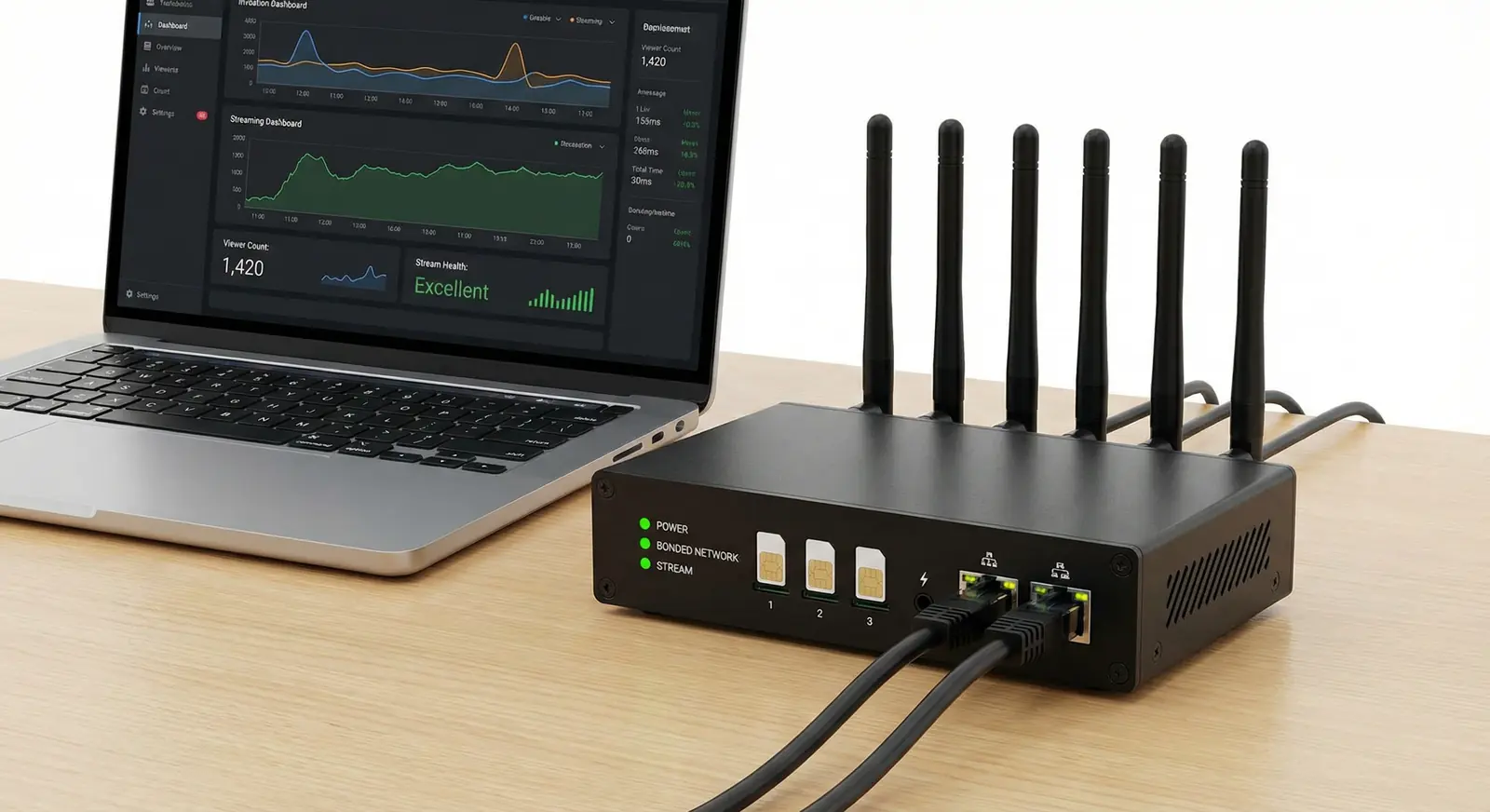A multi-bonded cellular streaming encoder with multiple antennas and SIM cards next to a laptop showing a streaming dashboard with viewer count and stream health metrics