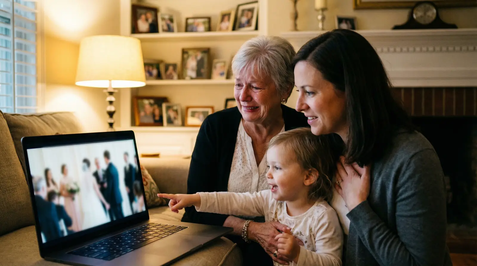 A grandmother, mother, and child watching a wedding ceremony live stream together on a laptop at home