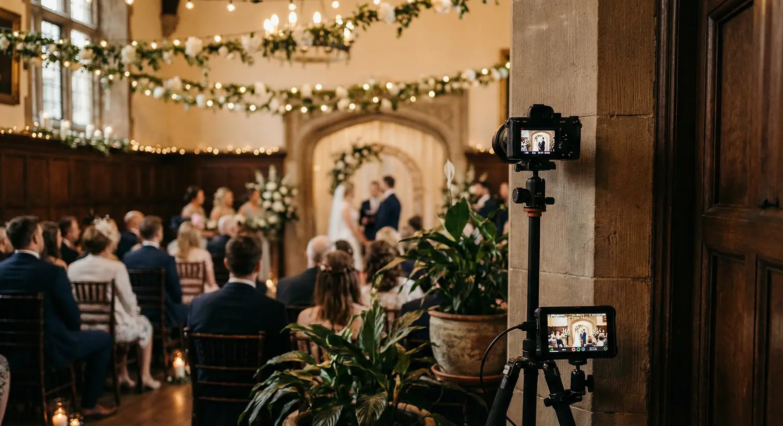 A discreet professional streaming camera capturing a wedding ceremony at an elegant venue with fairy lights and floral decorations
