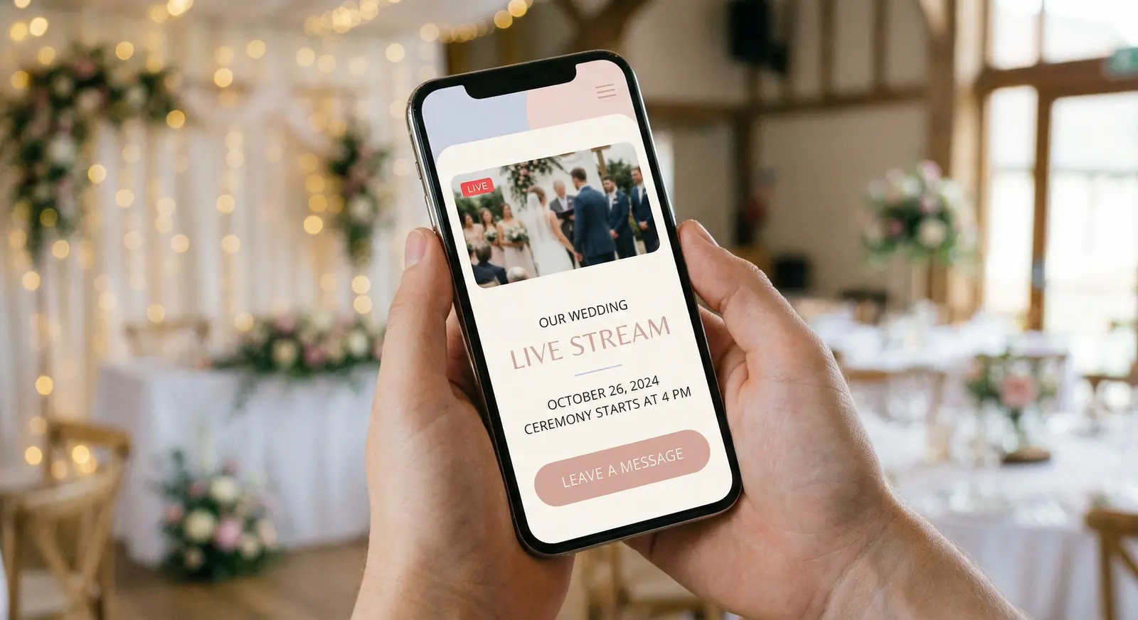 A person holding a smartphone showing a wedding event page with live stream, event details, and a Leave a Message guestbook button, with a blurred wedding reception venue in the background
