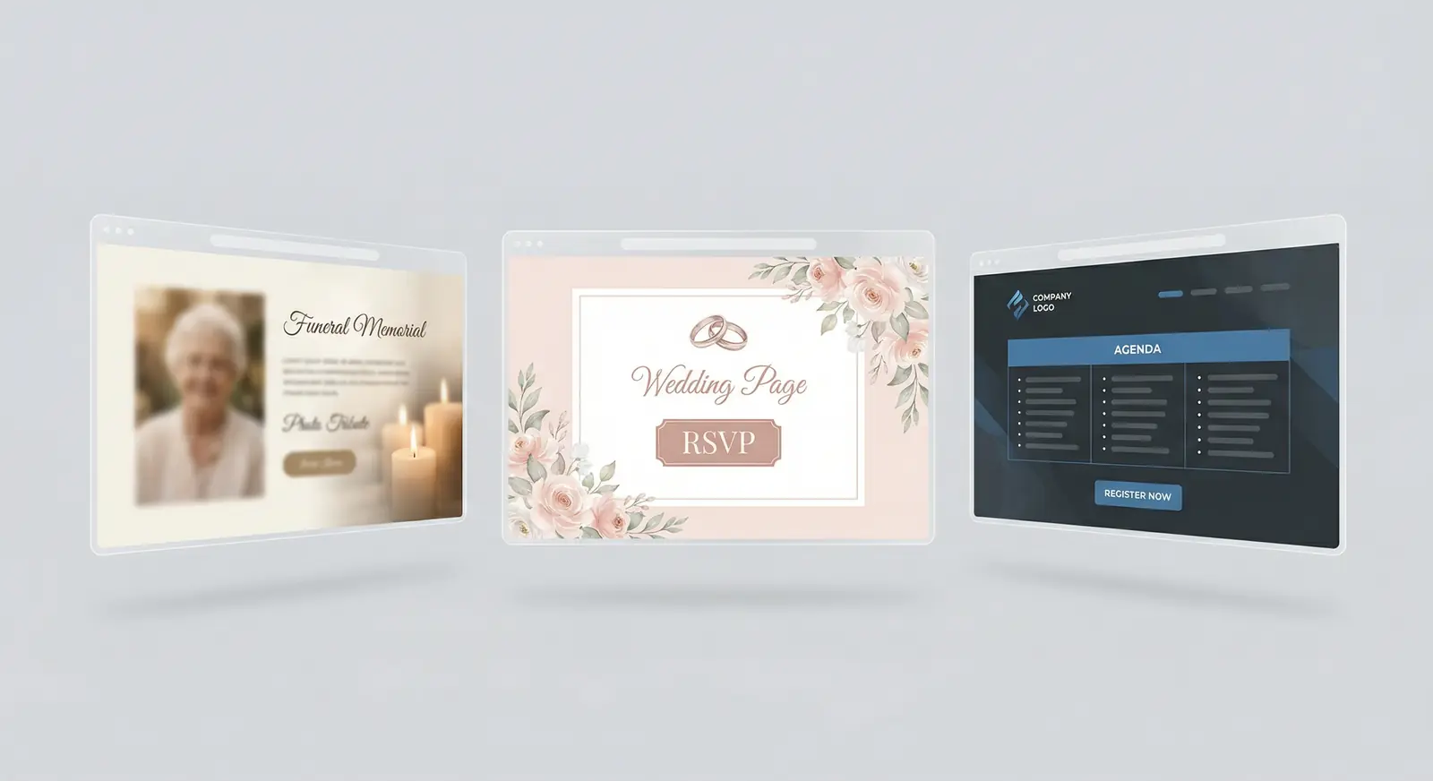 Three floating browser windows showing different event page designs: a funeral memorial page with candle imagery, a wedding page with floral RSVP design, and a dark-themed corporate event page with agenda and registration