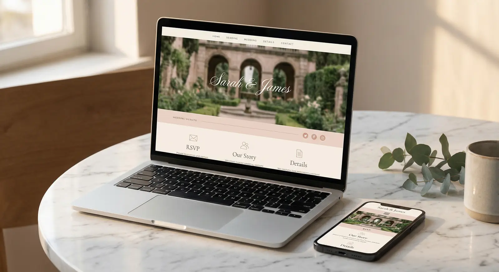 An elegant wedding website displayed on a laptop and smartphone on a marble table, showing RSVP, Our Story, and Details sections with a blush and cream design
