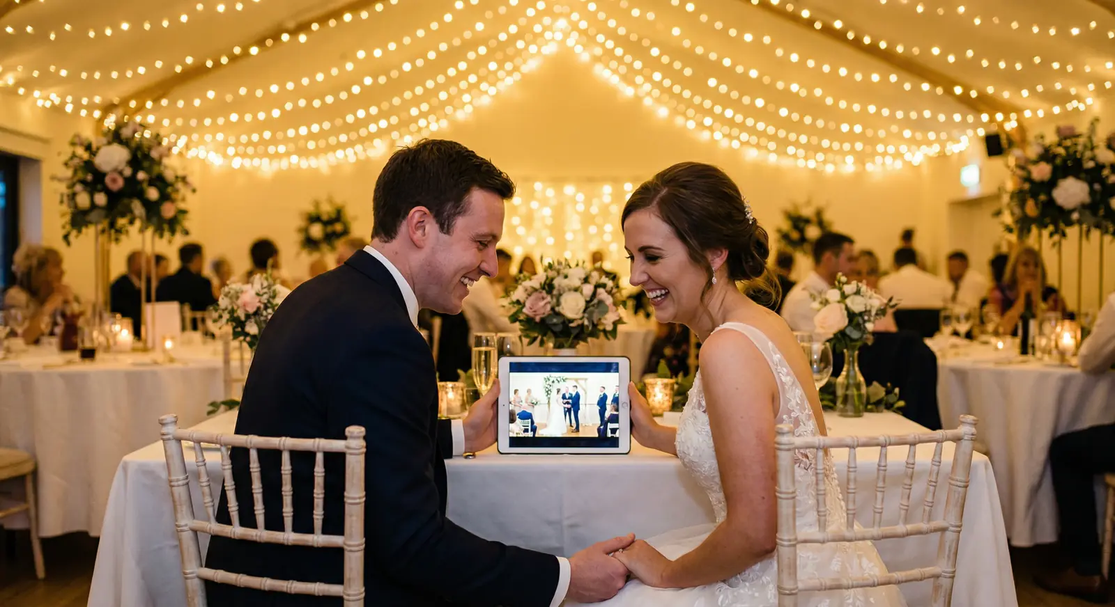 Couple at their wedding watching ceremony recording