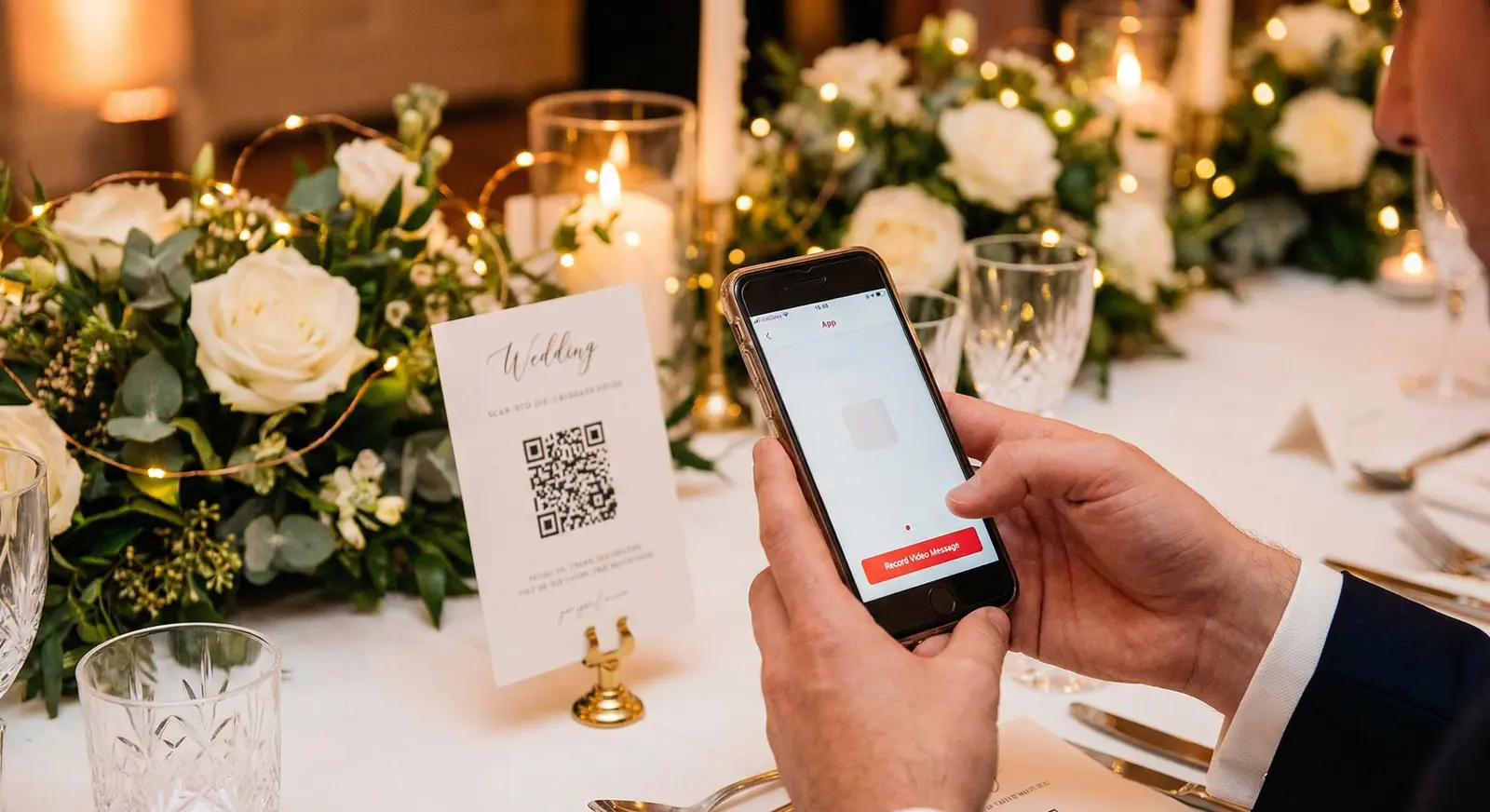 A wedding guest scanning a QR code on an elegant card at a beautifully decorated reception table, recording a video message on their smartphone