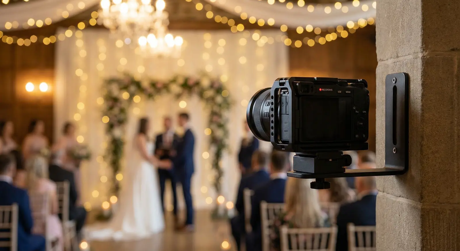 A professional streaming camera discreetly mounted on a wall bracket at a wedding venue, capturing a ceremony with fairy lights and floral arch in the background